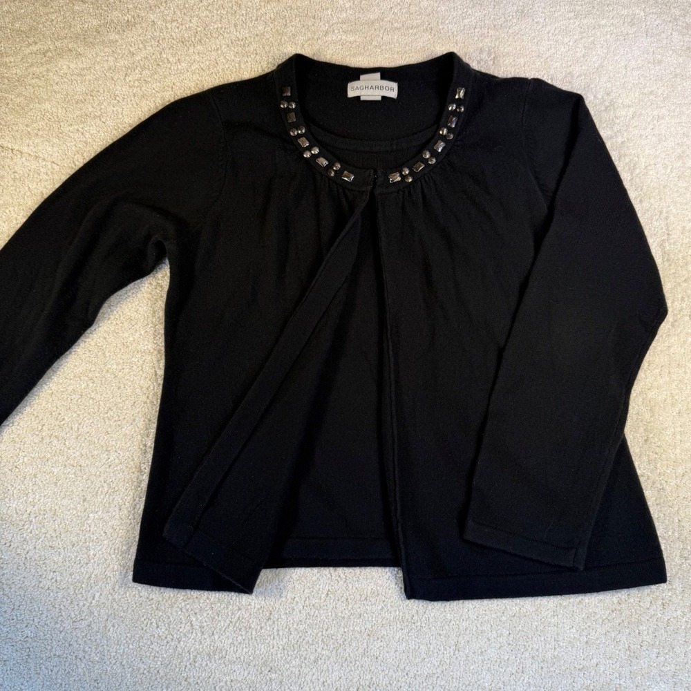 Sag Harbor‎ Black Embellished Collar Open Front Cardigan Sweater Women Large